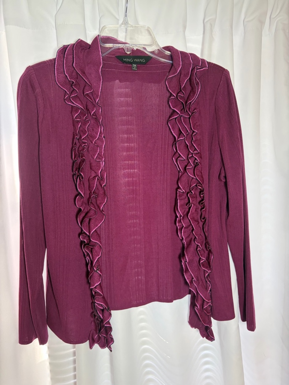 MING WANG Purple Open Front Cardigan with Black Trimmed Ruffles size MP